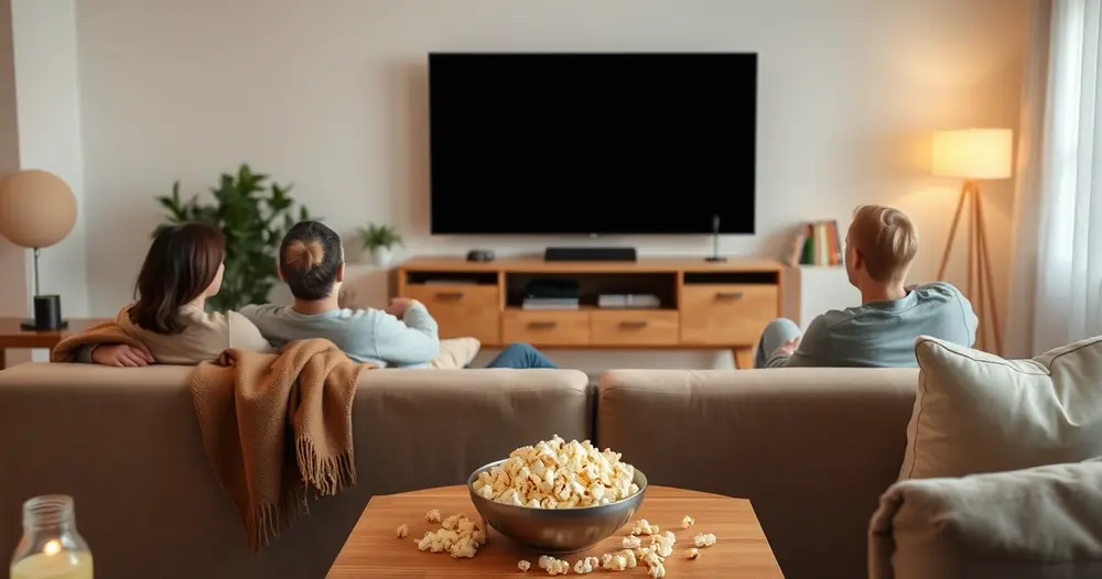 Sofá de sala de estar familiar com manta e tigela de pipoca sobre a mesa de centro, luz de fim de tarde