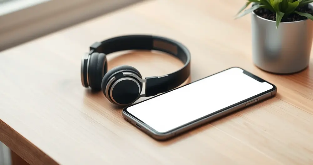 Fone de ouvido sem fio e celular de tela apagada sobre escrivaninha de madeira ao lado de uma planta
