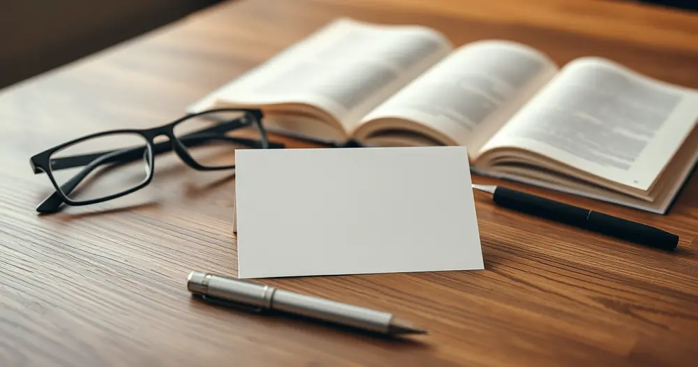 Cartão plástico liso sem inscrições sobre mesa de madeira ao lado de óculos de leitura e caneta