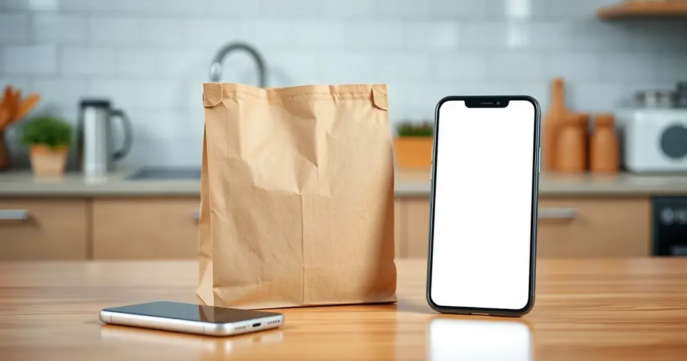 Sacola de papel de entrega de comida sobre bancada de cozinha ao lado de celular de tela apagada