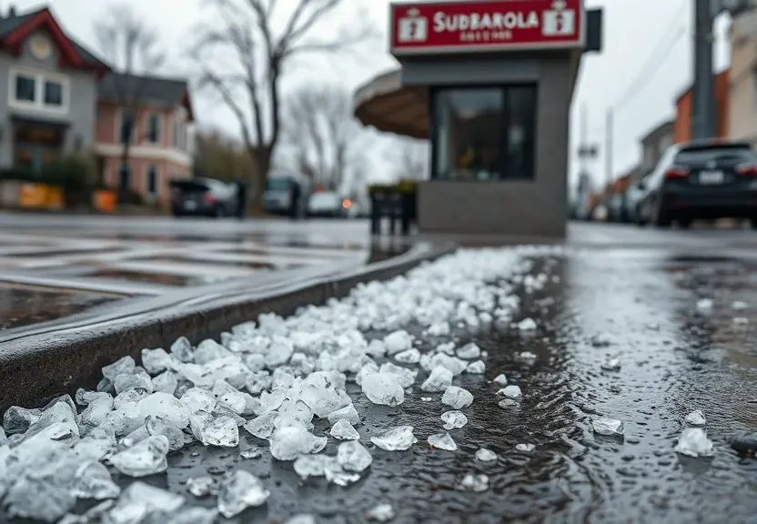 Pedras de granizo na rua molhada depois do temporal
