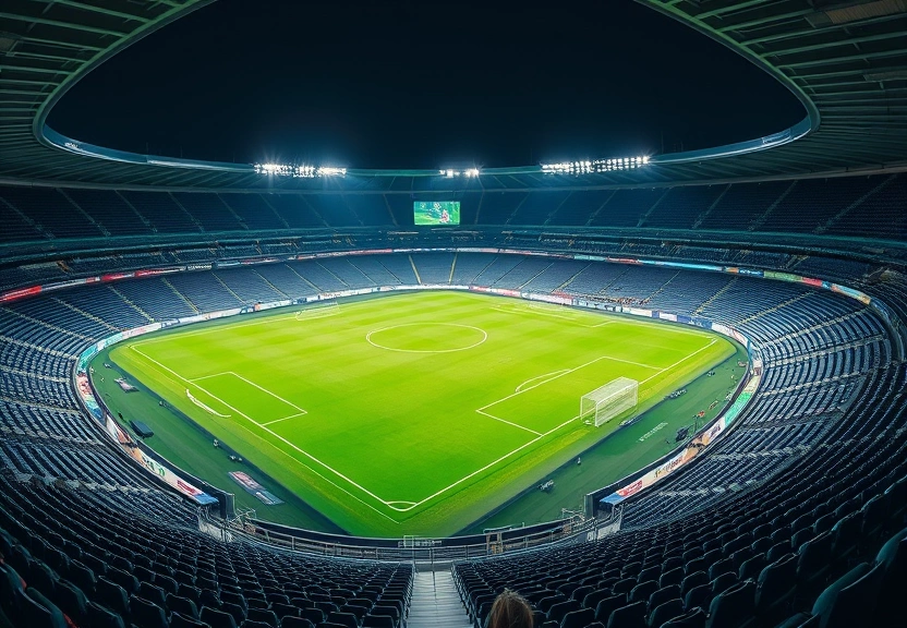 Estádio de futebol vazio à noite, com os refletores acesos