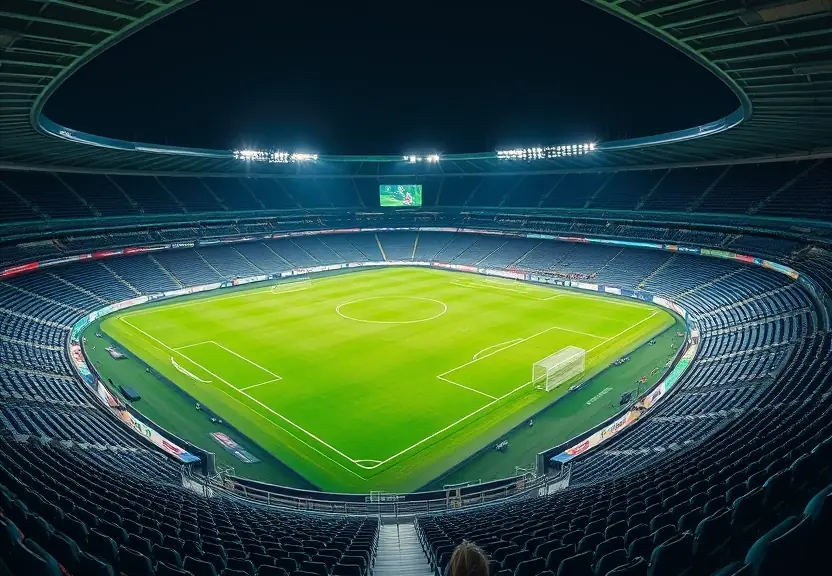 Estádio de futebol vazio à noite, com os refletores acesos