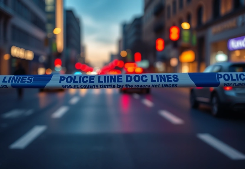 Rua da cidade ao anoitecer com faixa de isolamento policial
