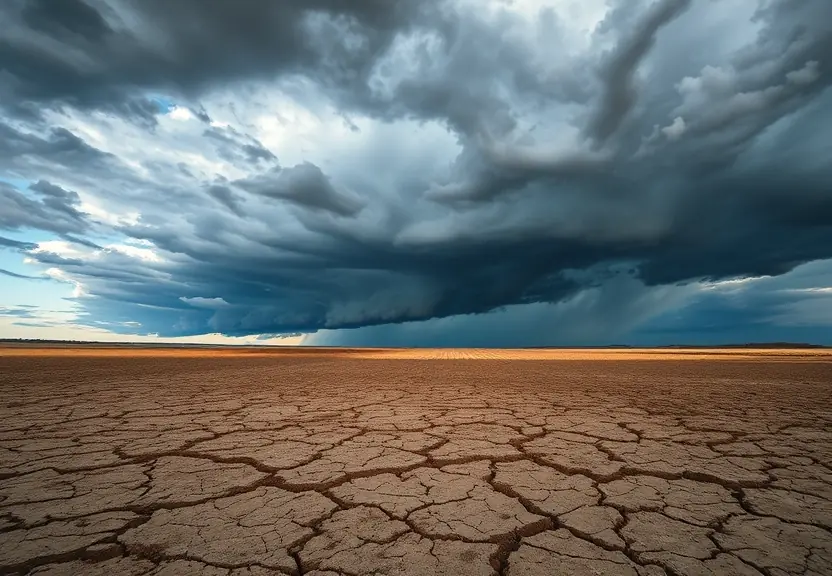 Solo rachado pela seca com nuvens de tempestade se formando ao fundo